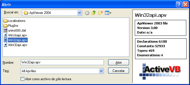 Vista previa del cuadrode diálogo del visor de Api  que permite abrir el archivo con la base de datos que contiene las funciones, constantes y tipos para cargar en el ApiViewer