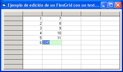 Vista del ejemplo en visual basic para editar un control MsFlexGrid