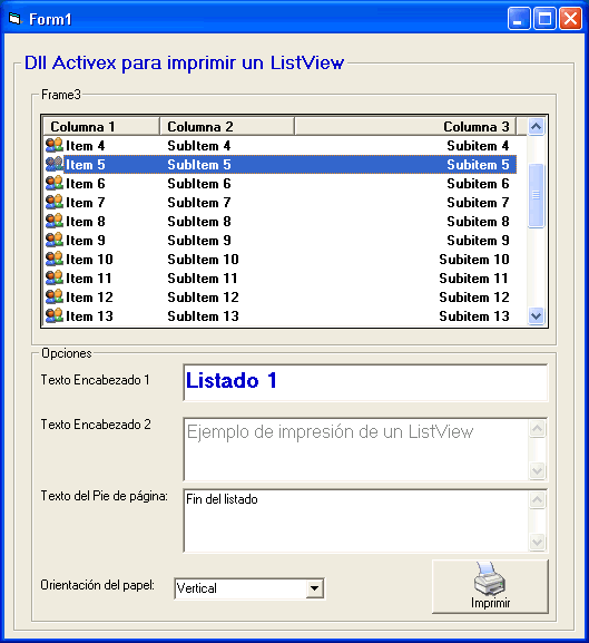 Vista del ejemplo en visual basic para poder imprimir un listview mediante una dll activex