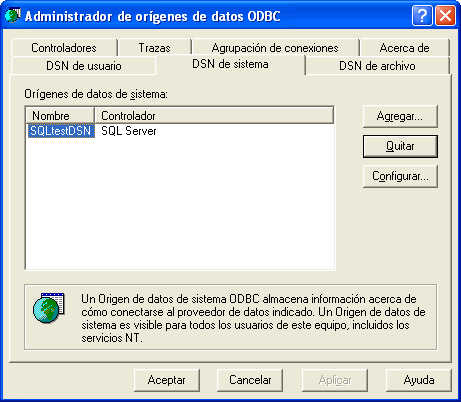 Vista pervia del diálogo de windows para configurar ODBC