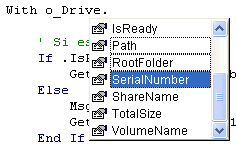vista de la lista de objetos que muestra vb para la colección Drive, con el numero de serie etc..