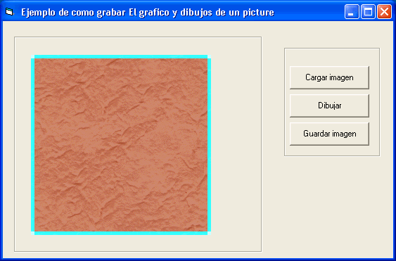 Vista del ejemplo en visual basic para utilizar la propiedad image de un control Picture, y poder grabar mediante savepicture el archivo bmp incluyendo los dibujos realizados con los métodos gráficos