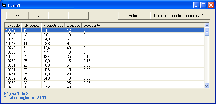 Vista del formulario de ejemplo con el control ListView con los registros del recordset paginado