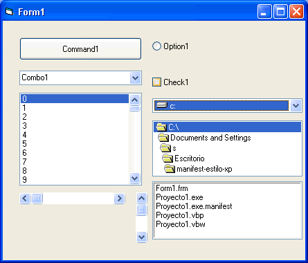 vista del proyecto de ejemplo en visual basic para utilizar un archivo manifext para aplicar los temas con estilo xp en los controles del formulario