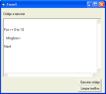 vista del formulario con el contro textbox que contiene el código a ejecutar