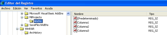 vista previa del Editor del registro de windows con la sección , claves y valores 