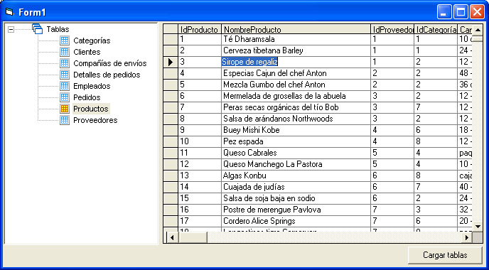 vista del form con los registros cargados en el datagrid  y las tablas listadas en el treeview