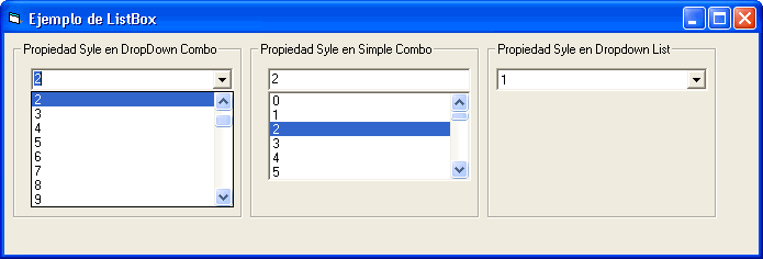 vista de los posibles estilos para aplicar a un control combo