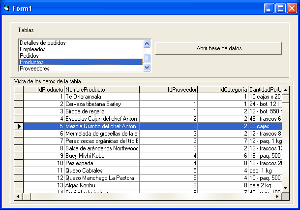 Formulario con el control Dbgrid y el control List para cargar los datos de la tabla seleccionada