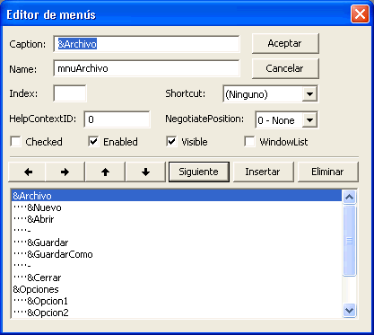 vista previa del editor que utiliza Visual Basic para crear los menues de opción