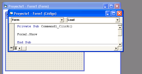 Vista previa de la ventana de código con la instrucción Show para el botón de comand Command1