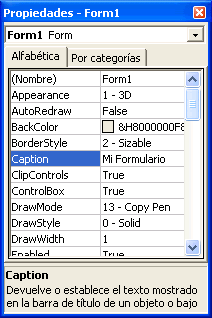 Vista previa de la ventana de propiedades de visual basic