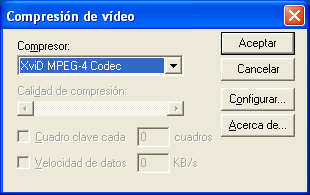 Ventana de windows para seleccionar el compresor de video a utilizar