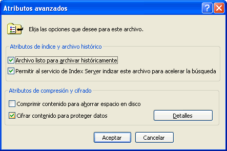 vista de la ficha de ociones avanzadas para los archivos en windows xp