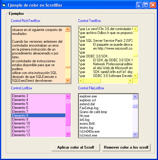 ocx que permite colocar colores personalizados a las barras de Scroll de los controles