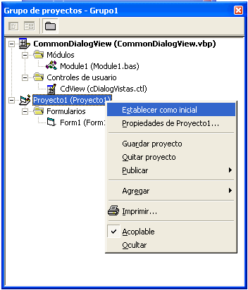 vista del explorador de proyectos para establecer el EXE como proyecto inicial al ejecutar el programa