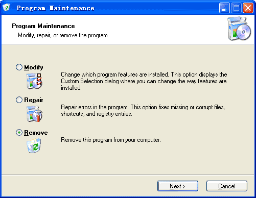 vista de la ventana para remover, reparar y modificar una instalación de una aplicación